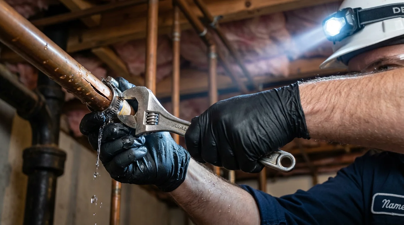 Emergency pipe clamp repair being performed by a Johns Plumbing LLC plumber in Plains