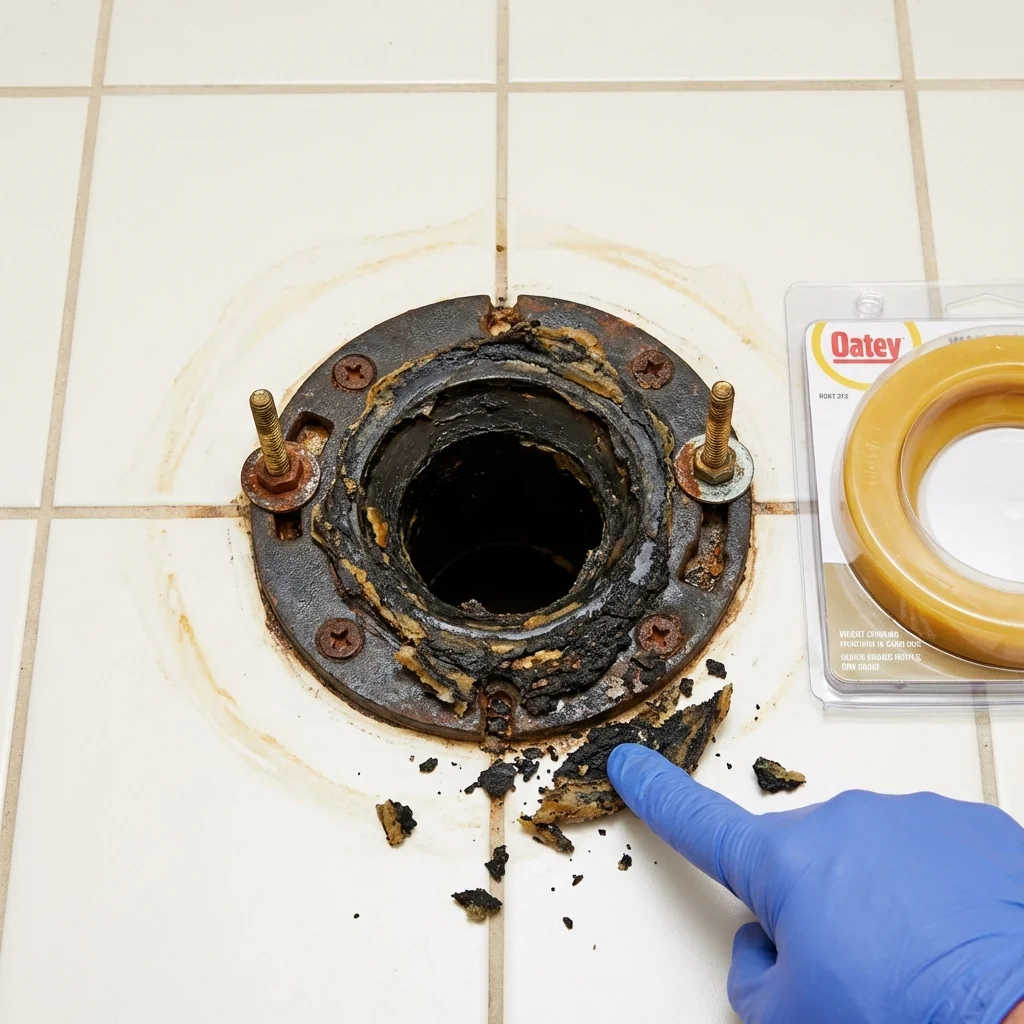 Failed wax ring showing water seepage at the base of a toilet in a Plains, KS home