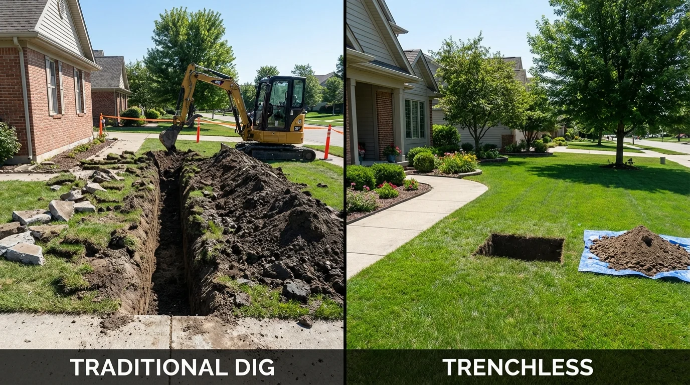 Trenchless sewer repair with minimal yard damage versus traditional excavation in Plains, KS